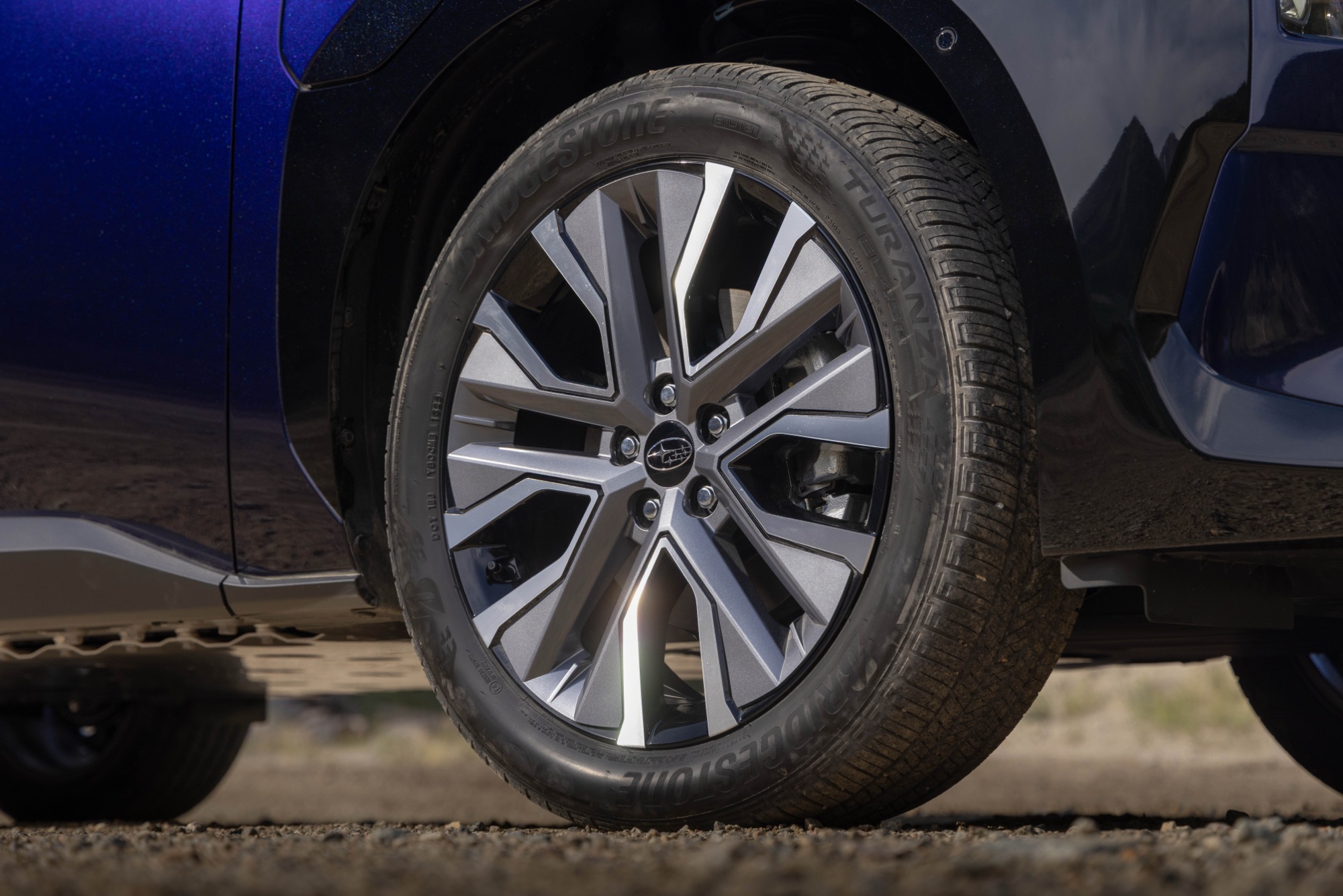 Close-up of a 20-inch machine-finish alloy wheel on a 2026 Subaru Solterra