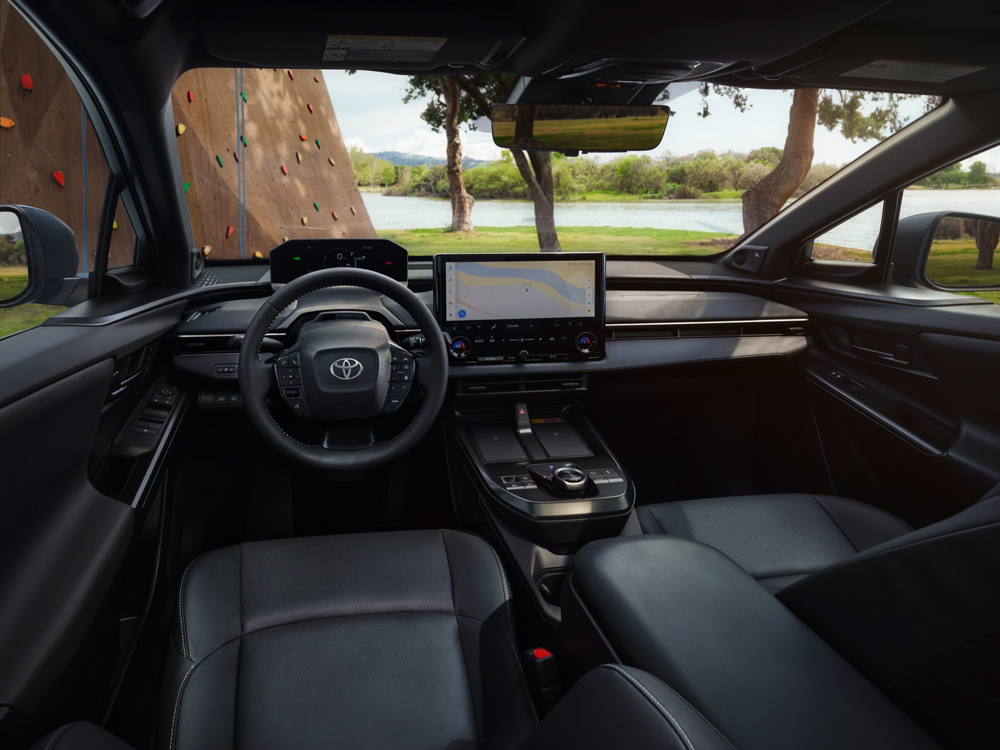Interior of the 2026 Toyota bZ showing the 14-inch touchscreen and black upholstery