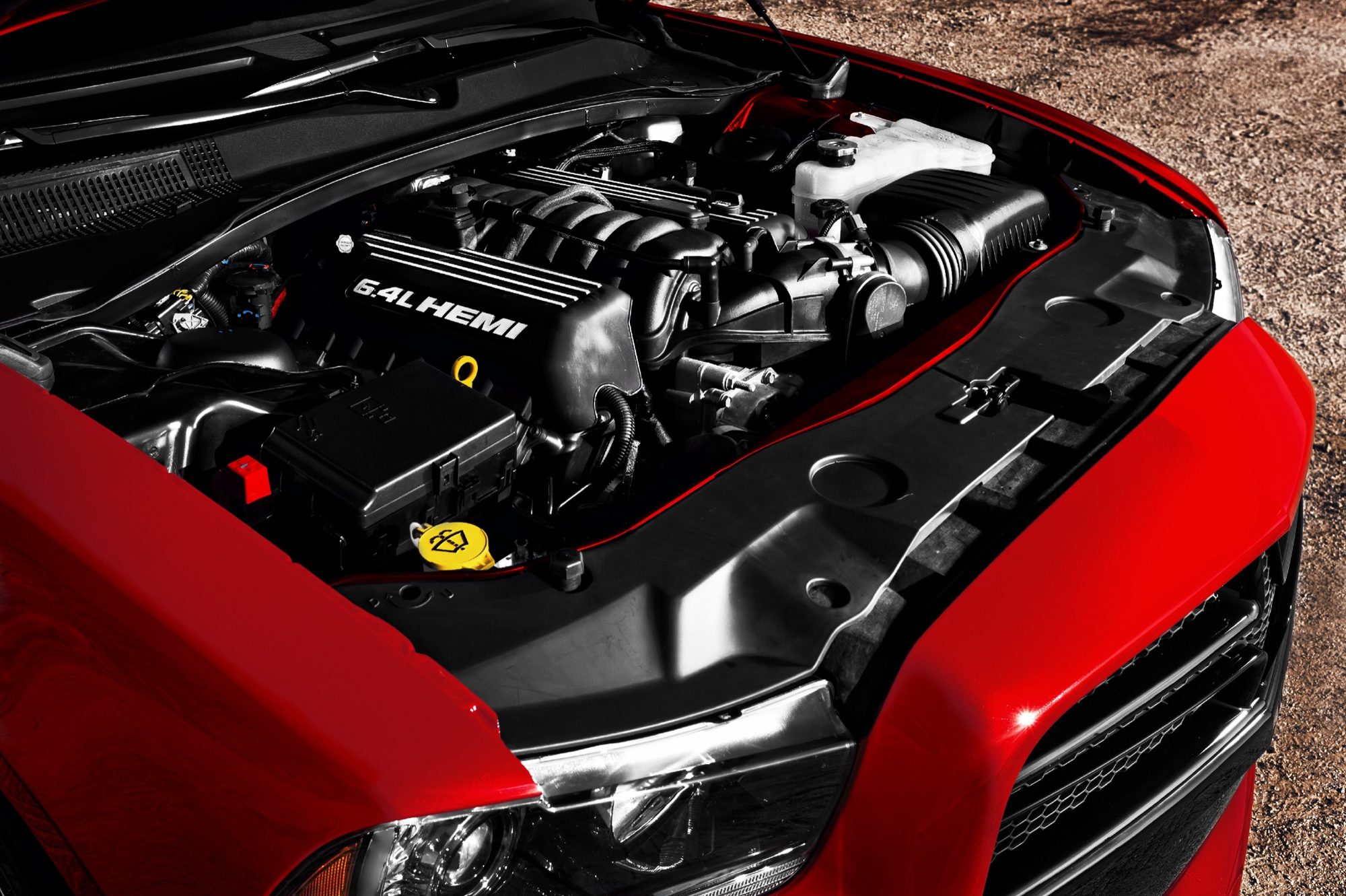 6.4-liter Hemi V-8 under the hood of a red 2012 Dodge Charger SRT8