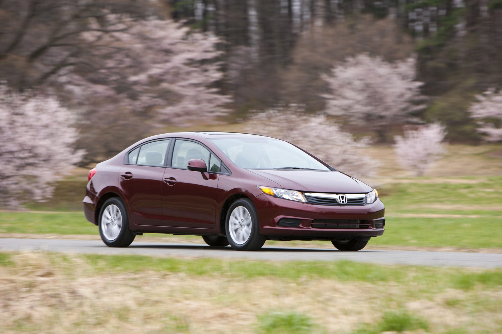 Dark red 2012 Honda Civic EX-L sedan driving past cherry blossoms