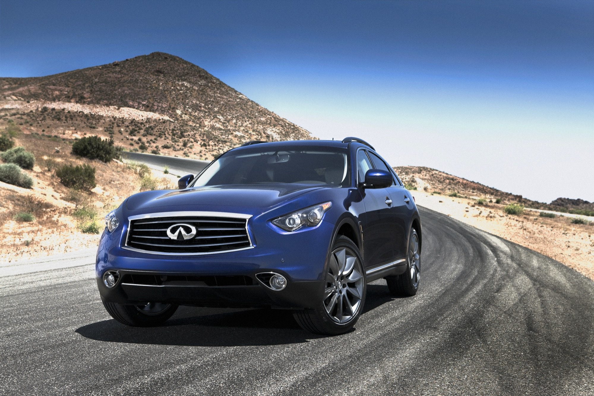 Iridium Blue 2012 Infiniti FX35 Limited Edition on a desert road