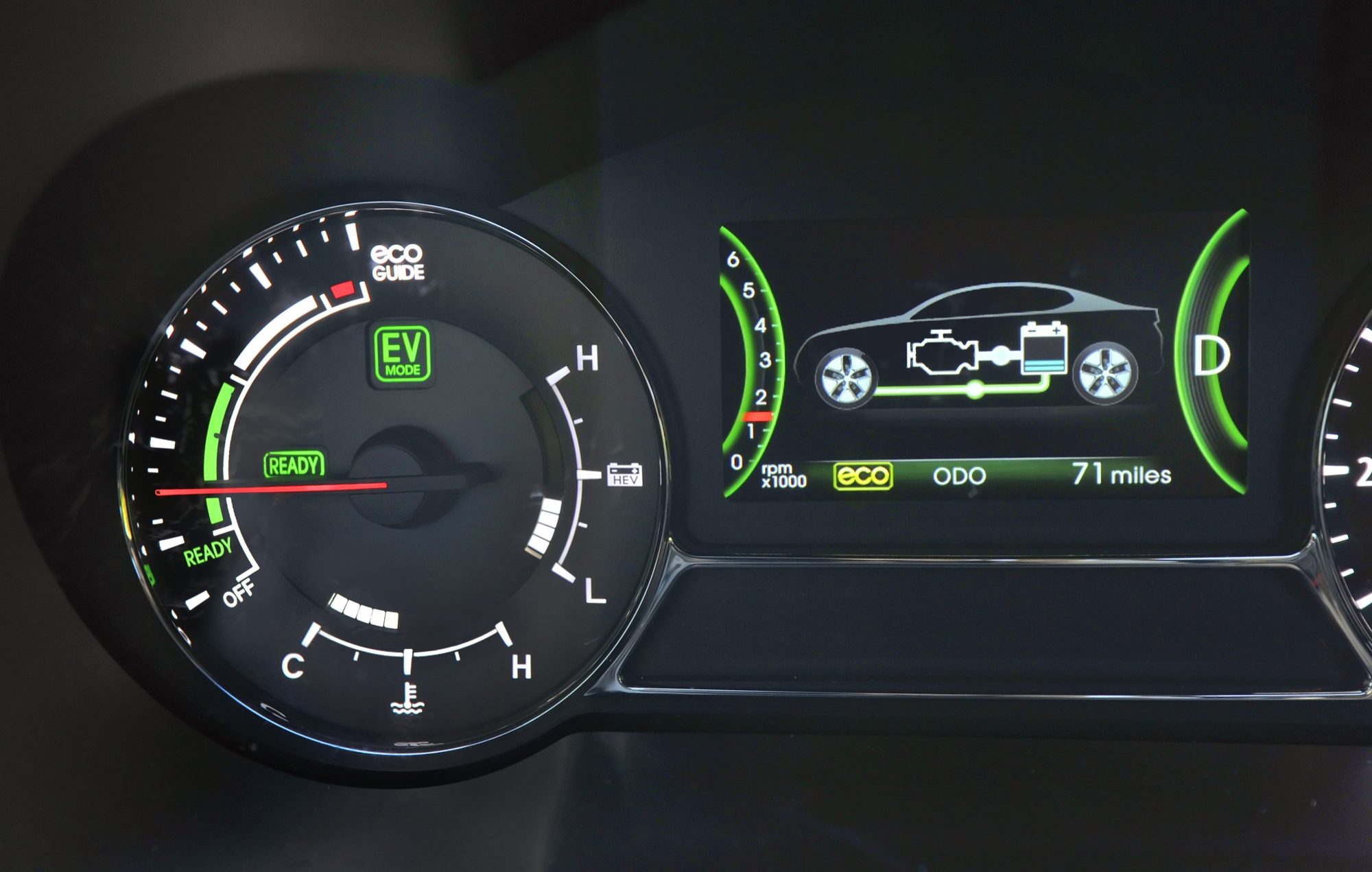 Hybrid gauge cluster of the 2012 Kia Optima Hybrid with the EV Mode light on