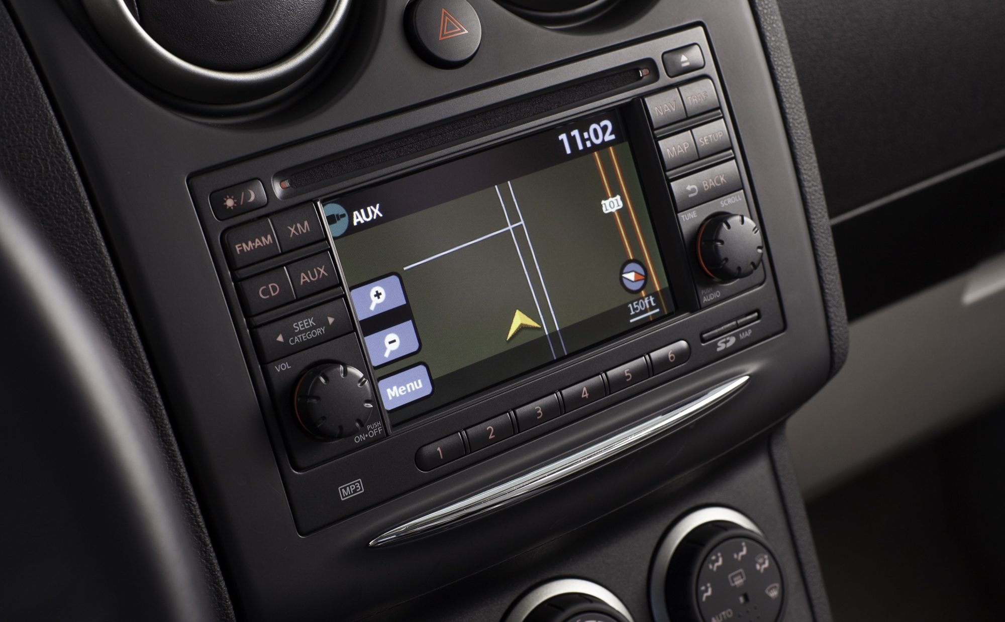 The 5-inch touch-screen navigation and audio unit in the 2012 Nissan Rogue center stack