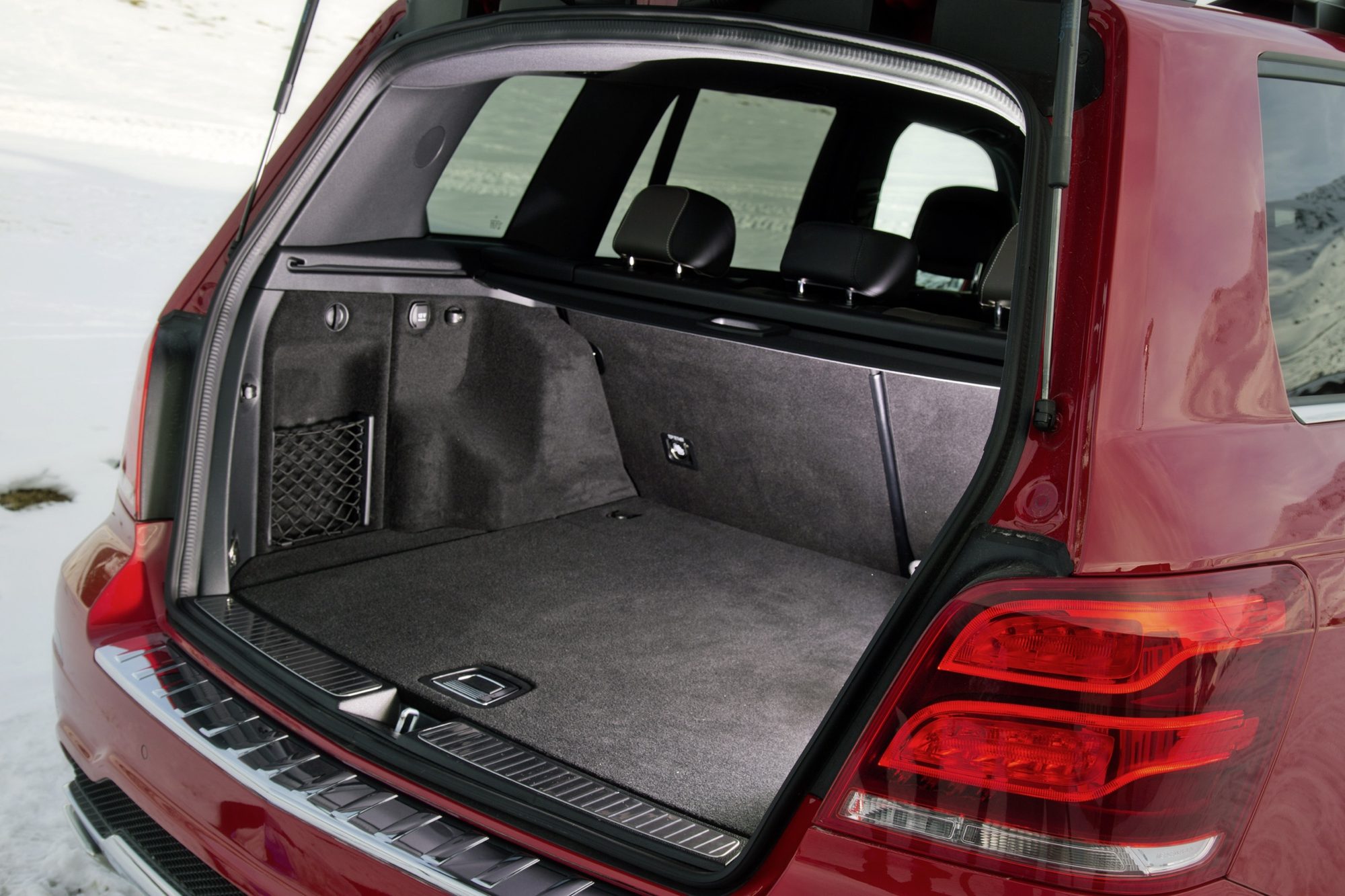 Cargo area of the 2013 Mercedes-Benz GLK350 4MATIC with the tailgate open