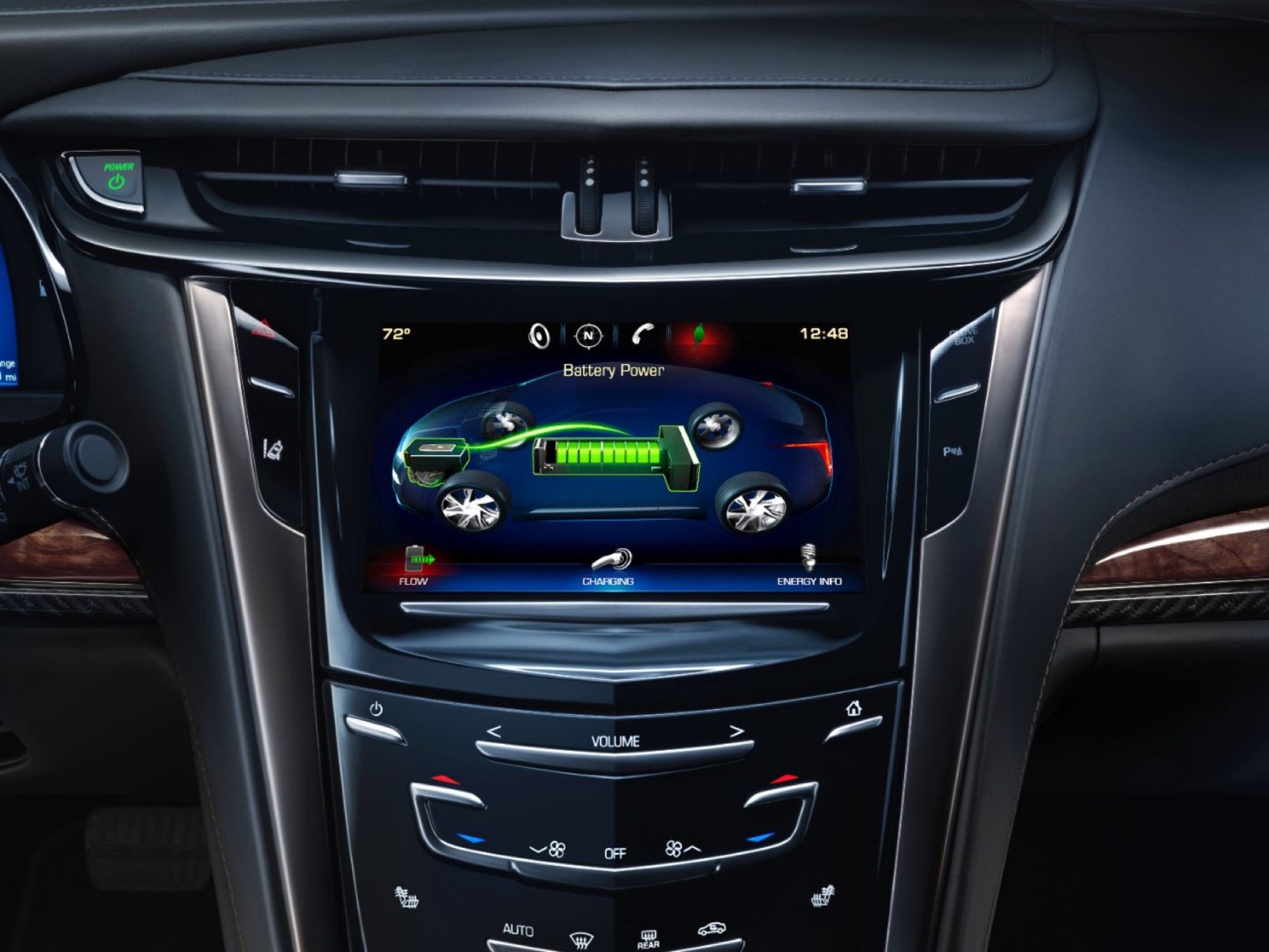 CUE touchscreen in the 2014 Cadillac ELR showing the battery power flow display