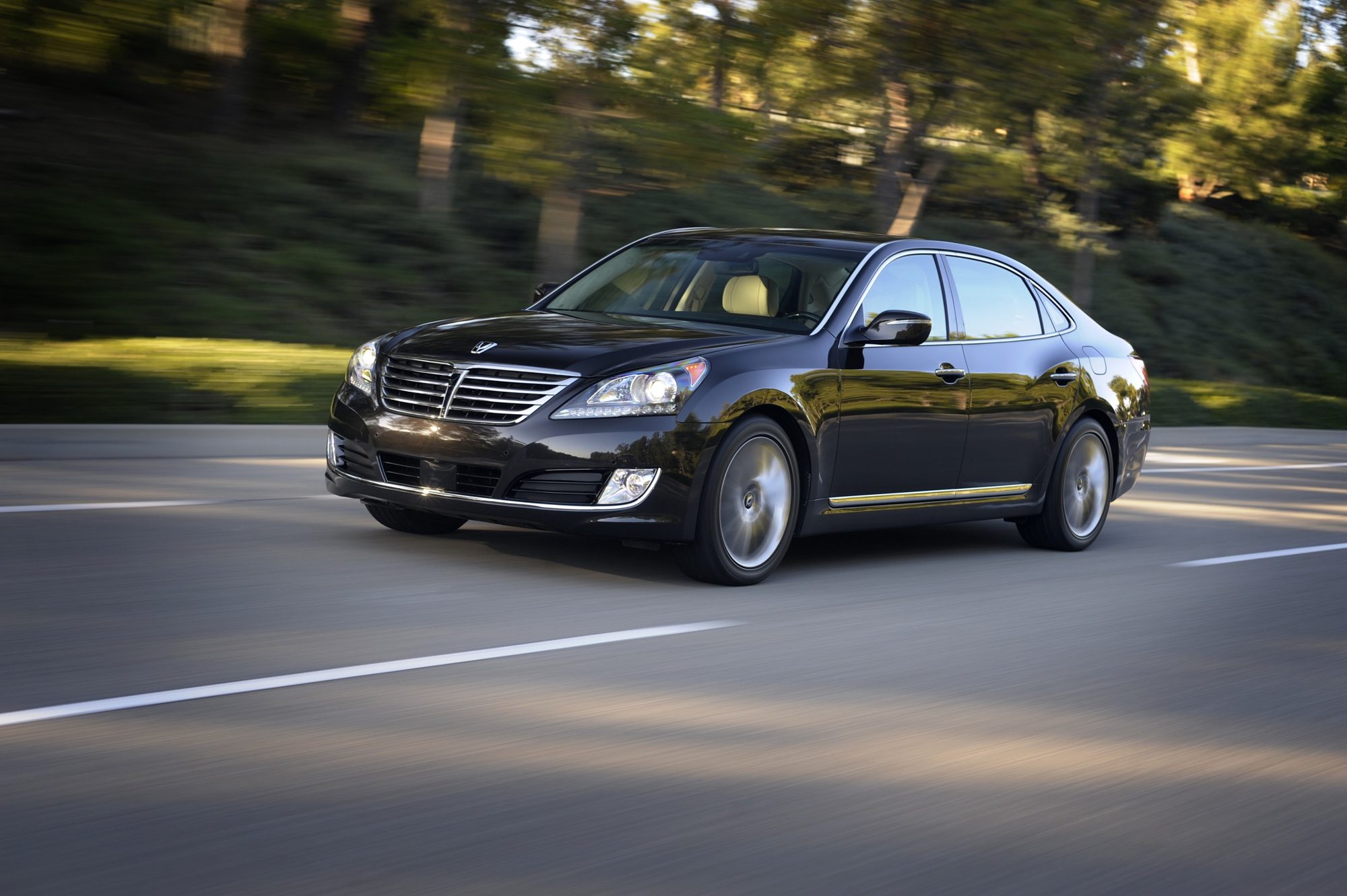 Black 2014 Hyundai Equus driving on a tree-lined road