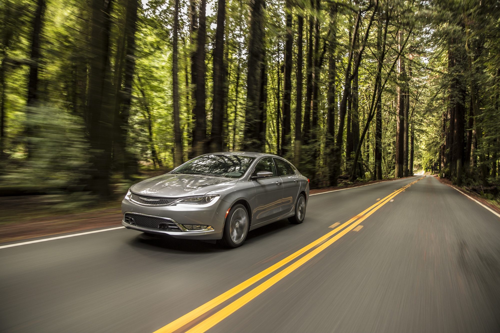Silver 2015 Chrysler 200C driving on a two-lane road through a redwood forest