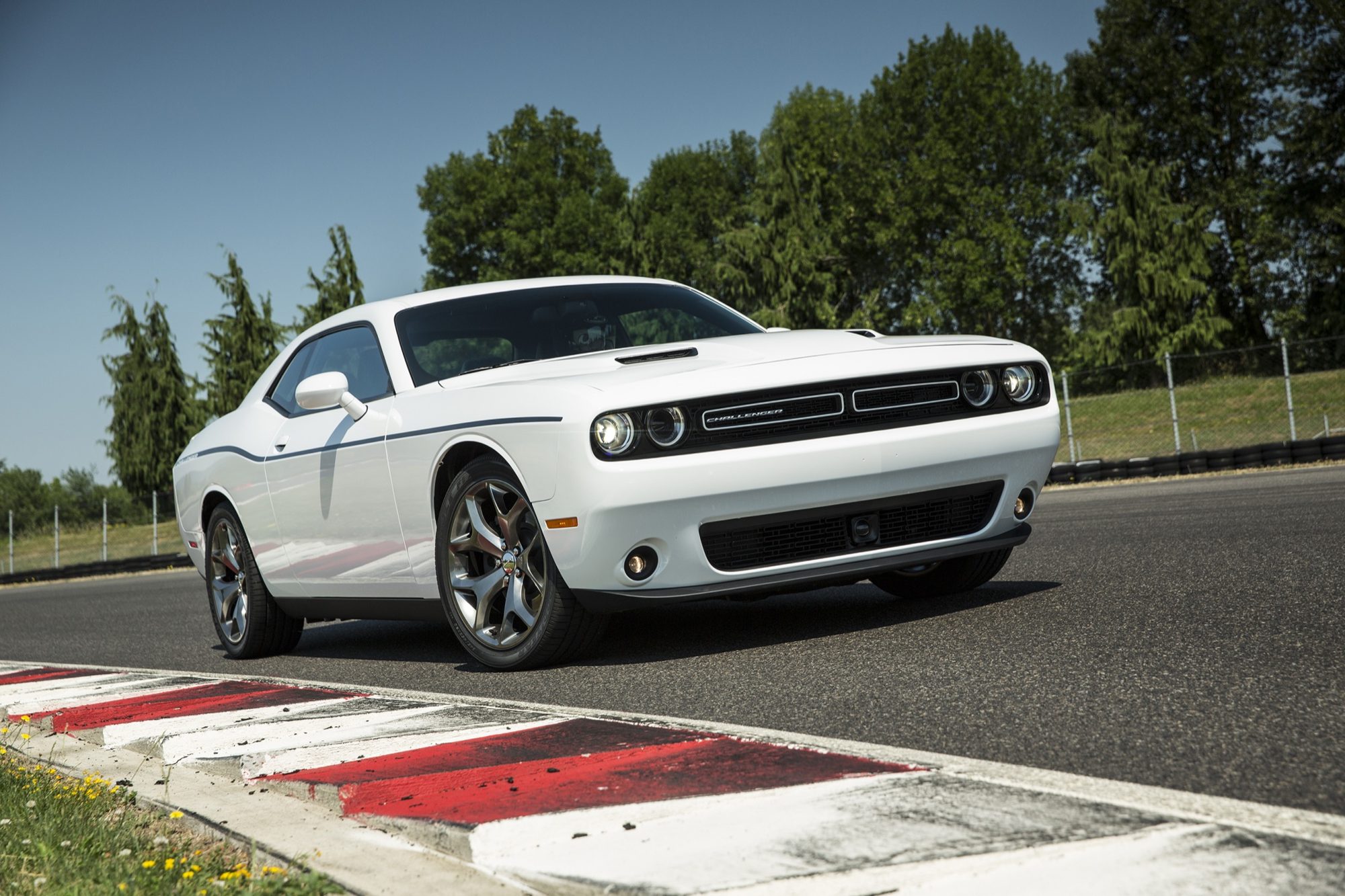 Front three-quarter view of a white 2015 Dodge Challenger SXT Plus on 20-inch wheels at a race track