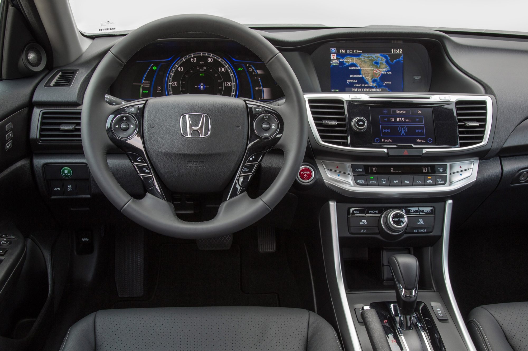 Steering wheel, gauges and navigation screen of the 2015 Honda Accord Hybrid Touring