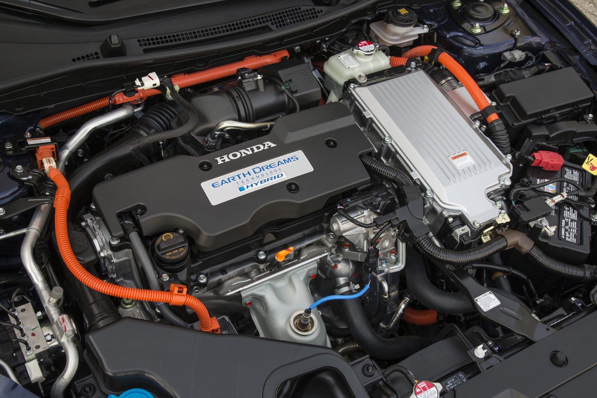 Engine bay of the 2015 Honda Accord Hybrid Touring with its two-motor hybrid system