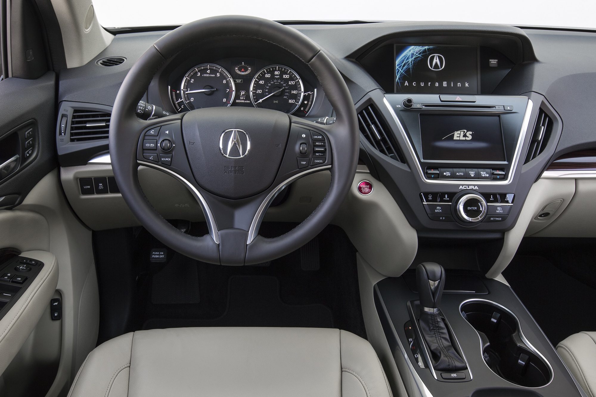 Dashboard, steering wheel and dual screens of the 2016 Acura MDX