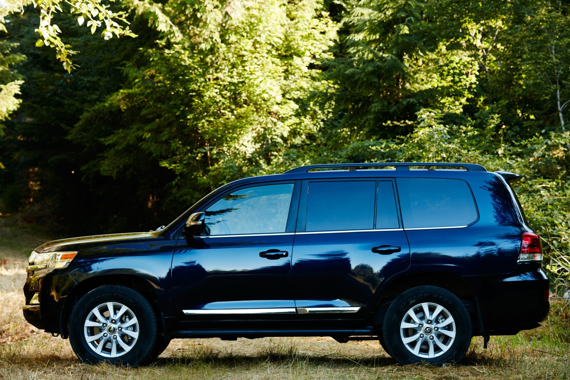 Side view of a black 2018 Toyota Land Cruiser parked in a forest