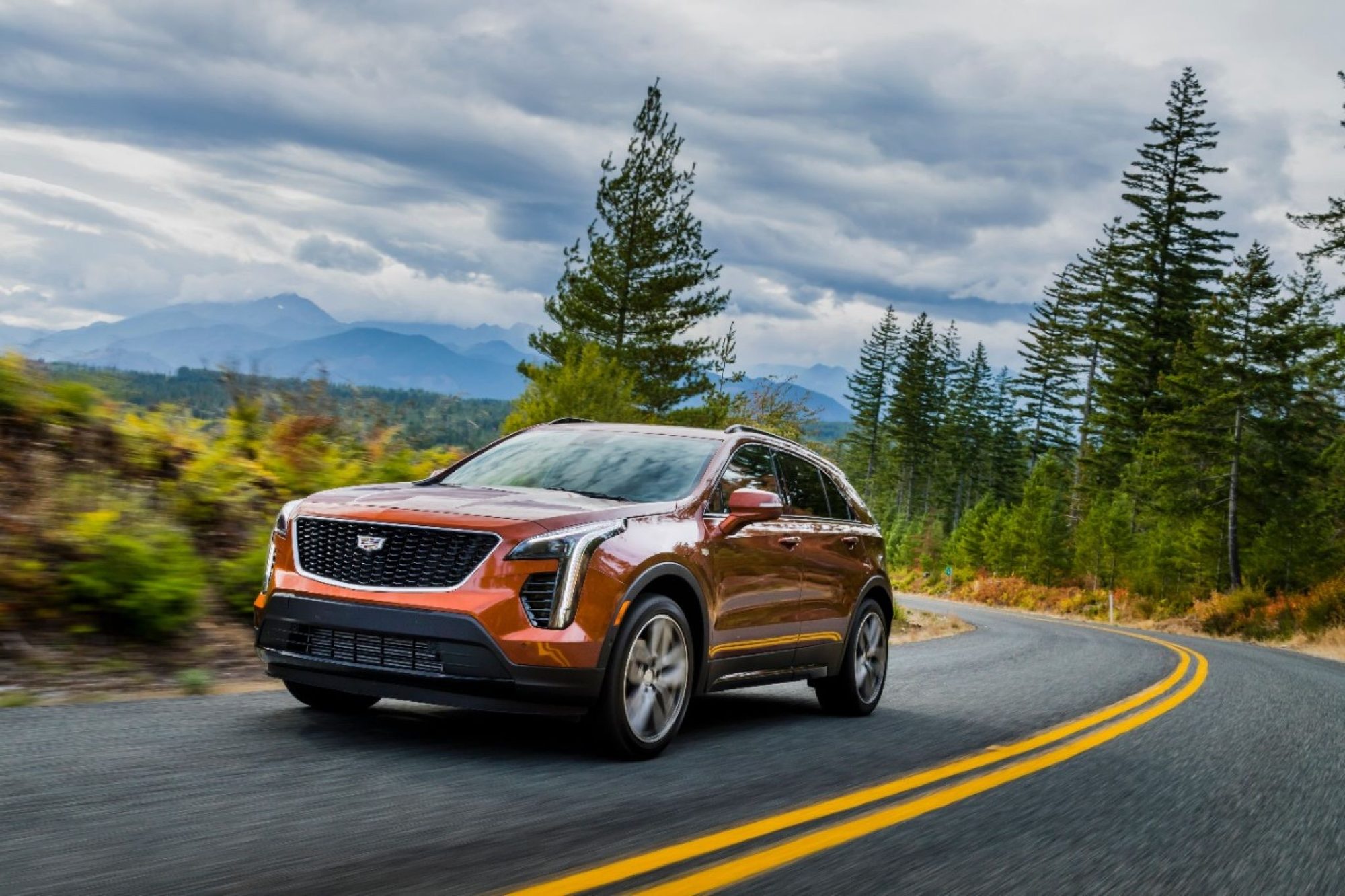 Orange 2019 Cadillac XT4 Sport driving on a curving forest road