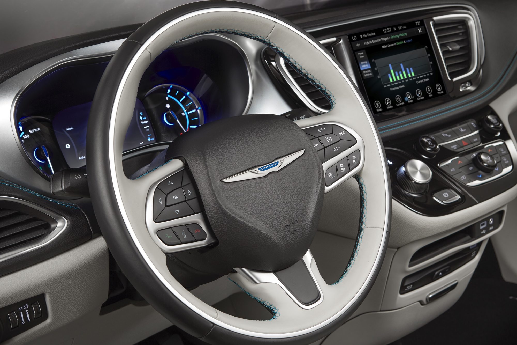 Steering wheel, hybrid gauge cluster and Uconnect touchscreen in the 2019 Chrysler Pacifica Hybrid
