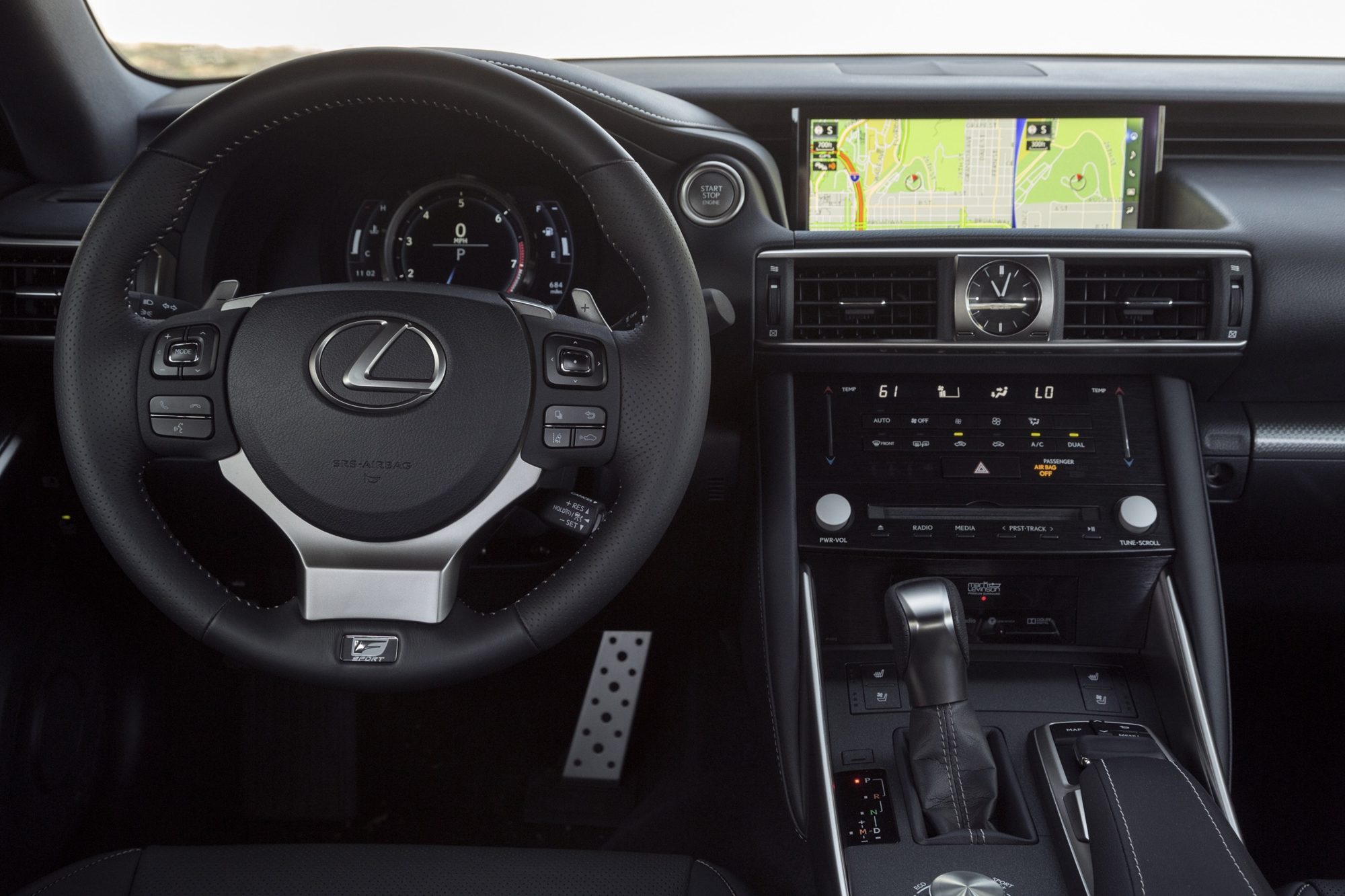 Dashboard, F Sport steering wheel and navigation screen of the 2019 Lexus IS 350 F Sport
