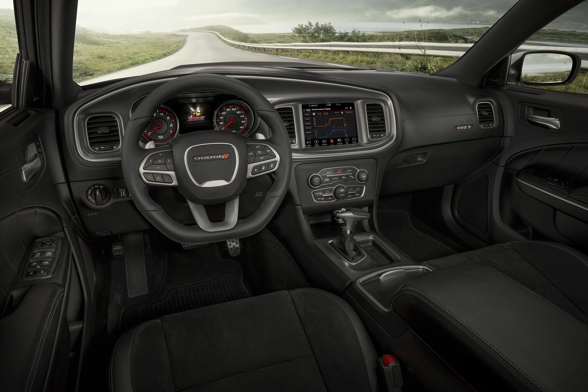 Cockpit of a 2020 Dodge Charger Scat Pack Widebody with flat-bottom steering wheel
