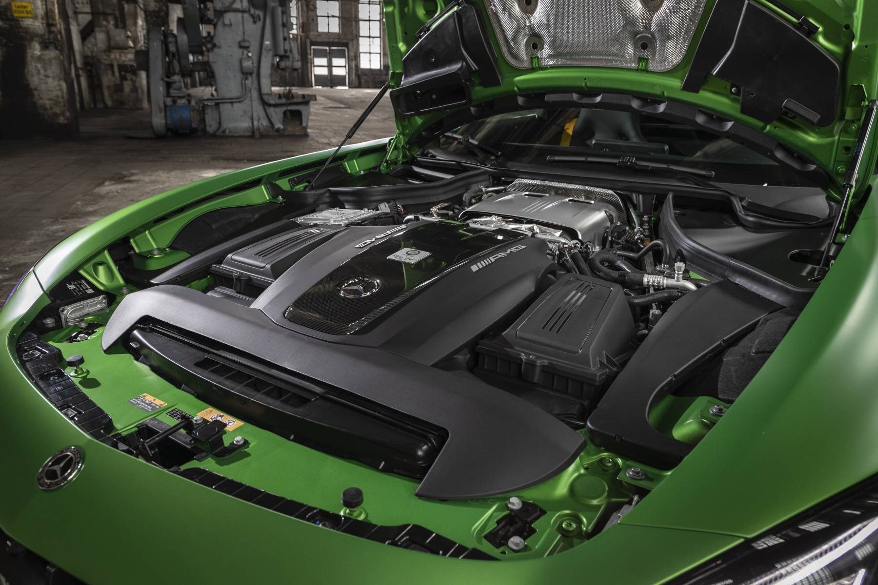 Twin-turbo 4.0-liter V8 under the open hood of the 2020 Mercedes-AMG GT R