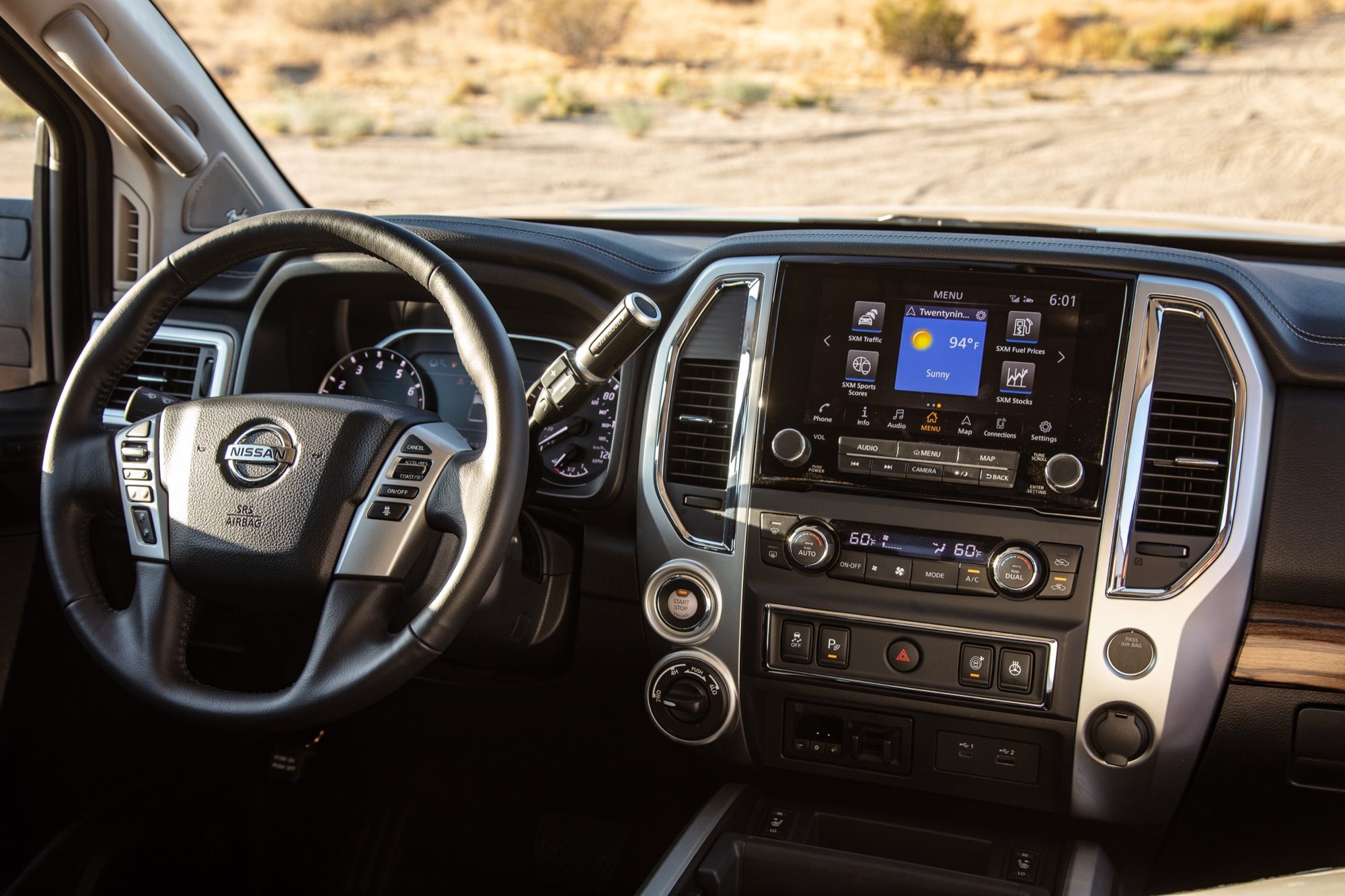 Steering wheel and touchscreen in the 2020 Nissan Titan SL