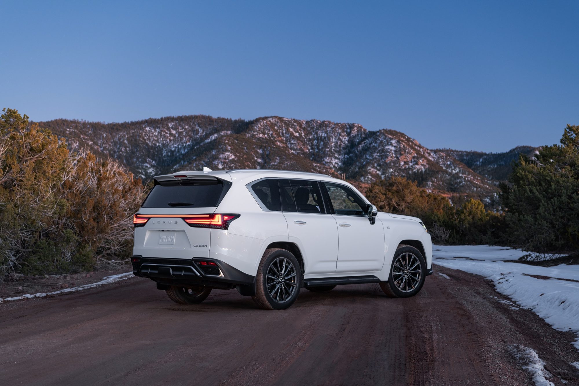 Rear three-quarter view of a white 2022 Lexus LX 600 F Sport Handling