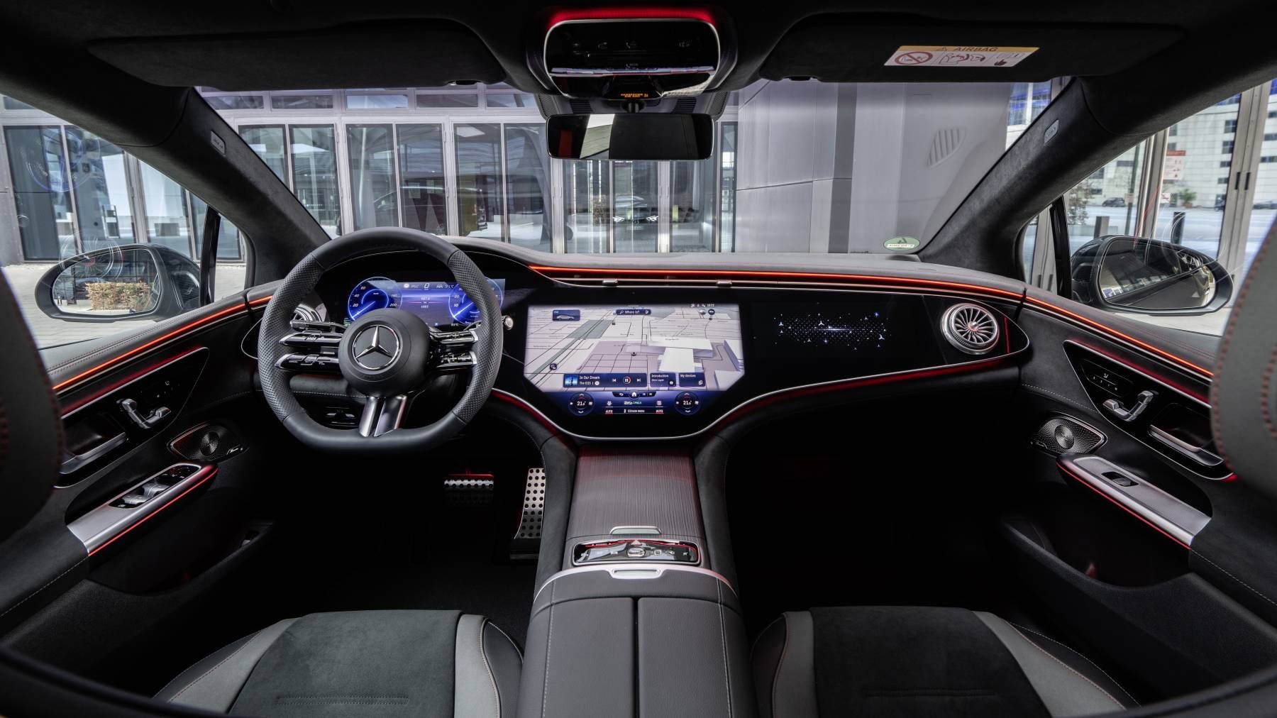 2023 Mercedes-Benz EQE 500 Review: Challenges rivals 3 Dashboard of the 2023 Mercedes-Benz EQE 500 with its 12.3-inch cluster and 12.8-inch central touchscreen