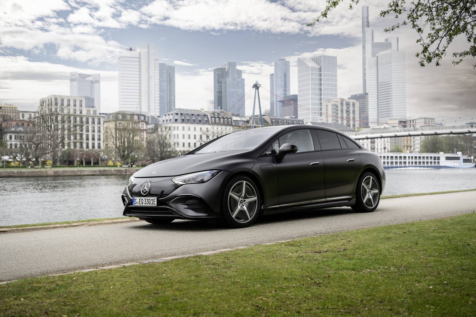 2023 Mercedes-Benz EQE 500 Review: Challenges rivals 5 Matte grey 2023 Mercedes-Benz EQE 500 parked by the river in Frankfurt