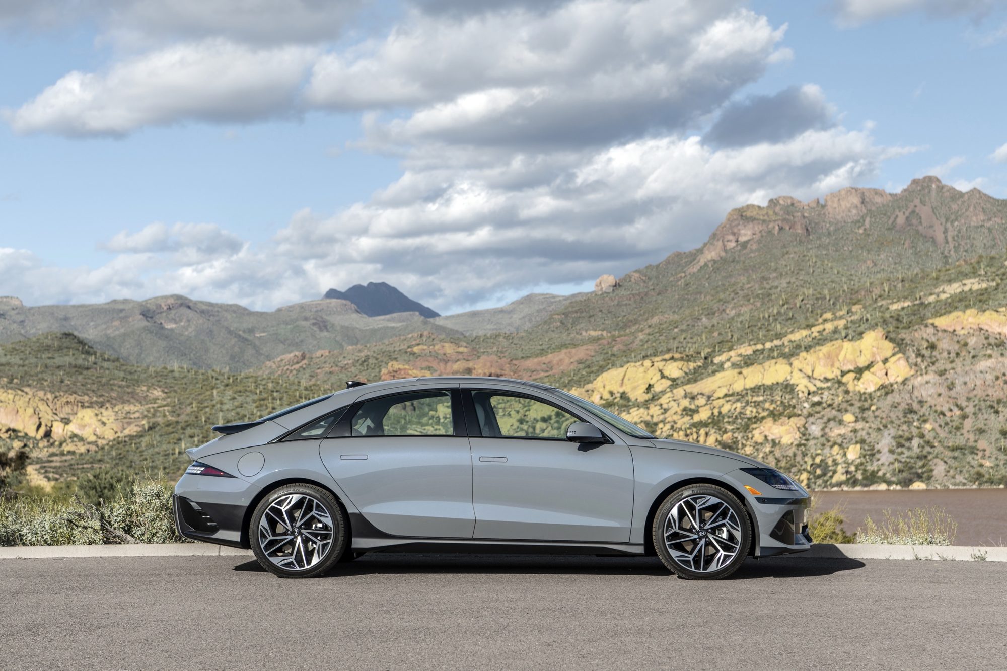 Side profile of a gray 2024 Hyundai Ioniq 6 Limited