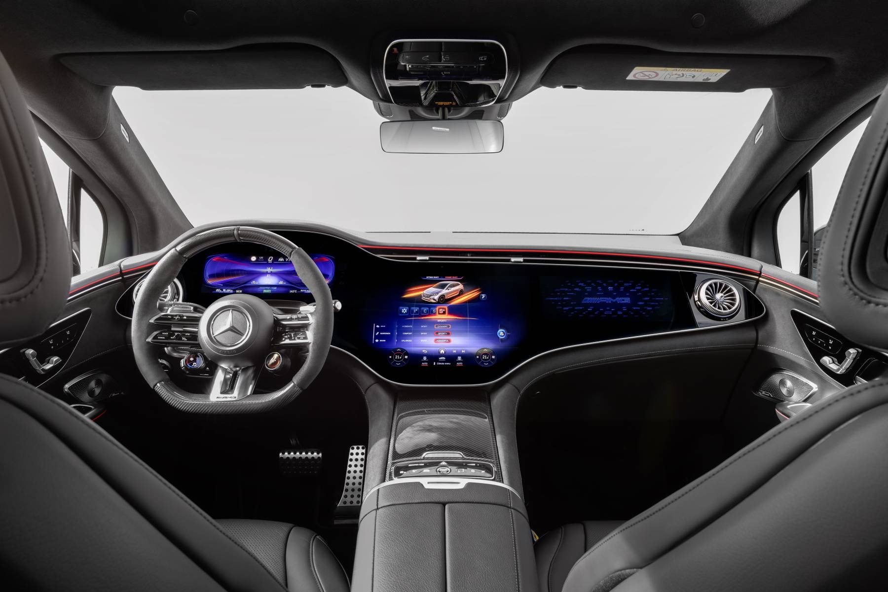 MBUX Hyperscreen dashboard and AMG steering wheel in the 2024 Mercedes-AMG EQE SUV