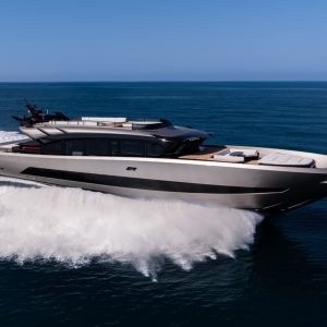 Gray Brabus AB110 yacht running at speed on open water, side view