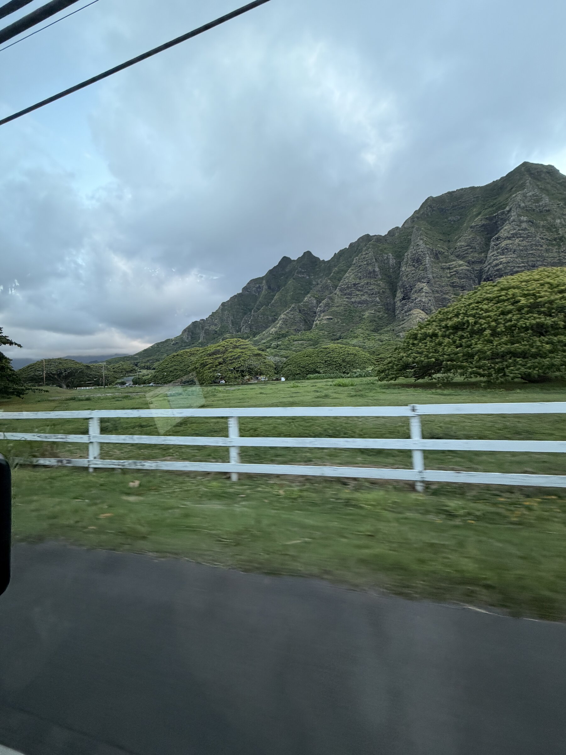 Kualoa Valley ridgeline seen from Kamehameha Highway on Oahu's windward coast