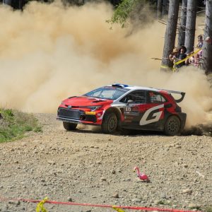 Red and white Toyota GR Corolla Rally RC2 sliding through a gravel corner in a dust cloud as spectators watch from the trees at the 2026 Olympus Rally