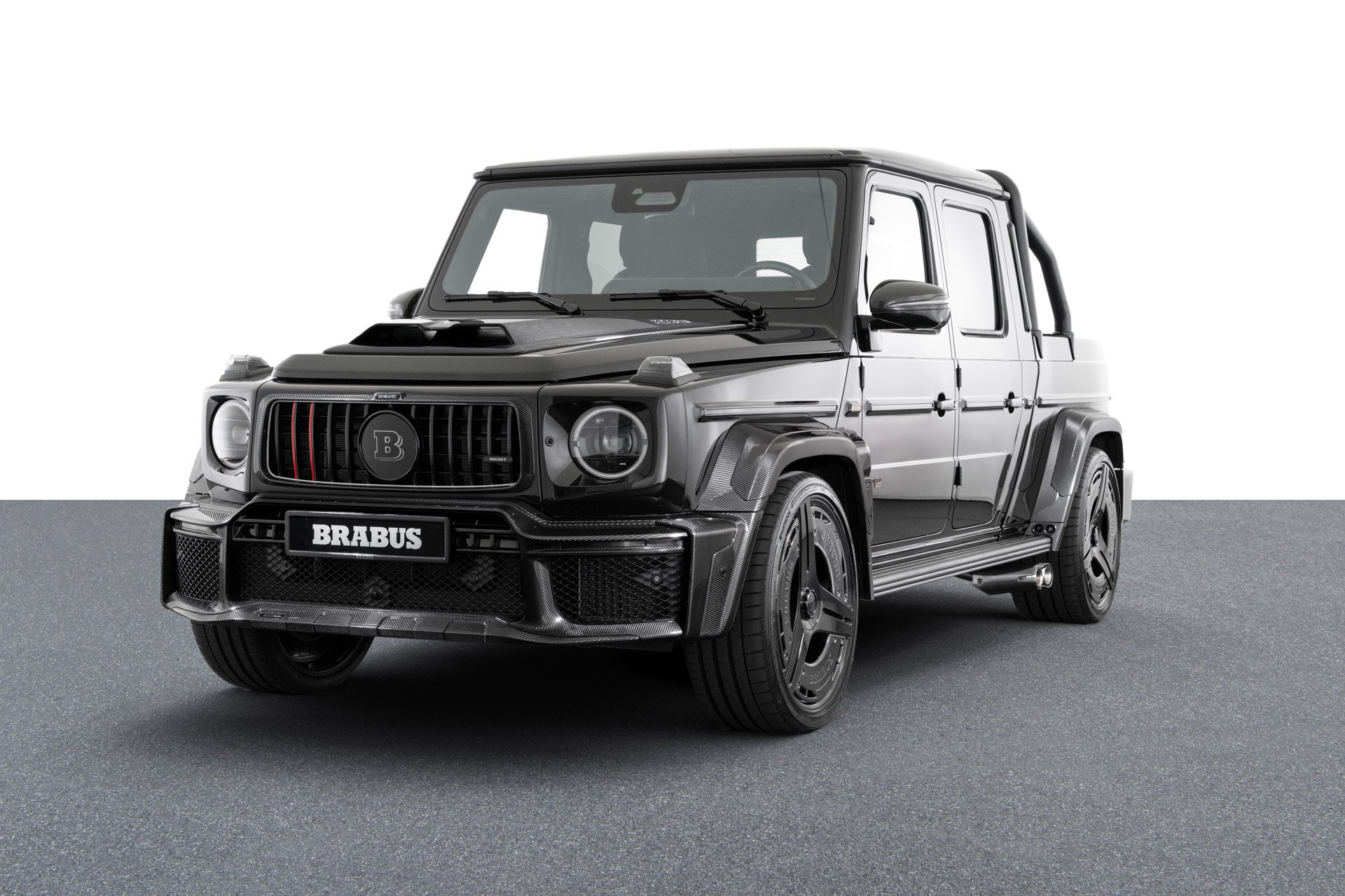 Brabus Is Building 10 P 900 Rocket Edition G 63 Pickups and Lists One at €846,944 1 Black Brabus P 900 Rocket Edition pickup built from a Mercedes-AMG G 63, front three-quarter studio view showing the carbon widebody, roll bar and 24-inch wheels