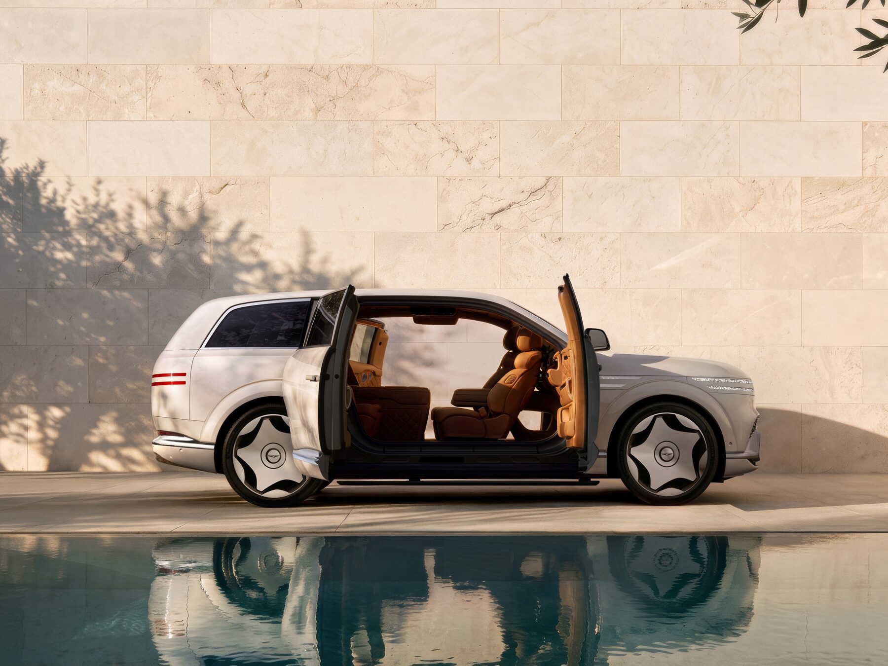 Genesis GV90 Neolun with its front and rear-hinged rear doors open, showing a tan interior with no pillar between the door openings