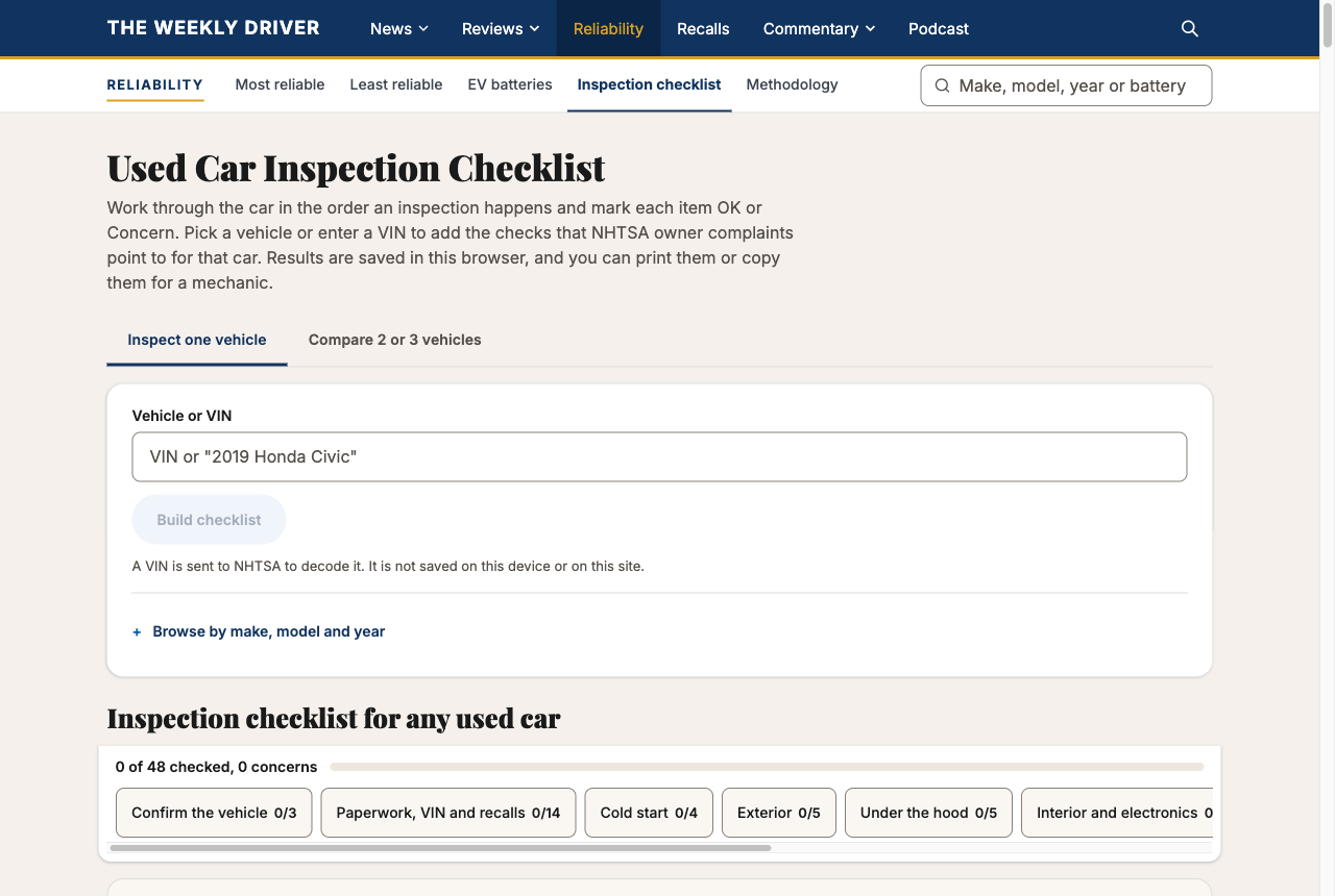 TWD inspection checklist page with one field for a VIN or a vehicle name and a link to browse by make, model and year