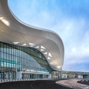 The renovated Las Vegas Convention Center entrance and ribbon roof, site of the 2026 SEMA Show