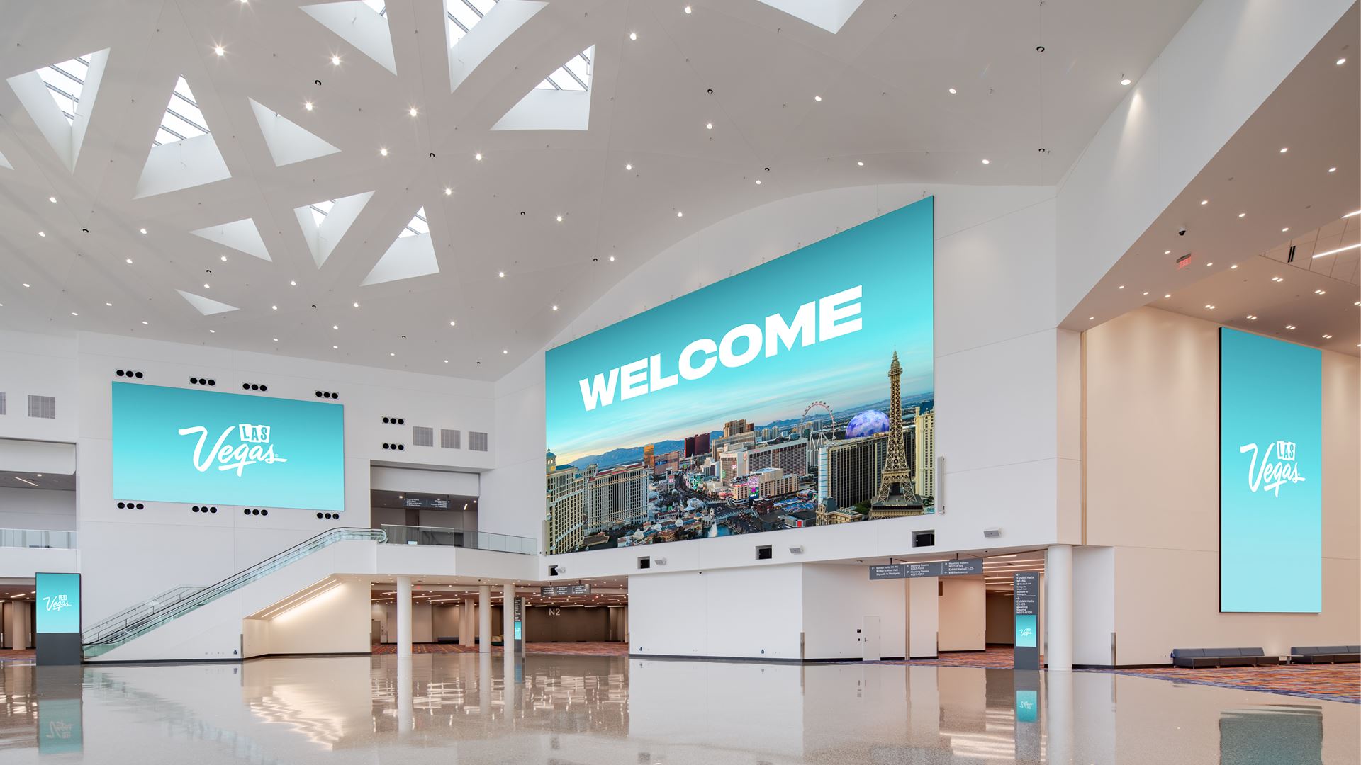 The 75-foot-wide digital welcome screen inside the Las Vegas Convention Center Grand Lobby