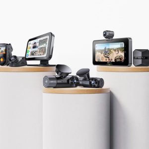 Vantrue dash cams displayed on pedestals, including Nexus and Sonnet models