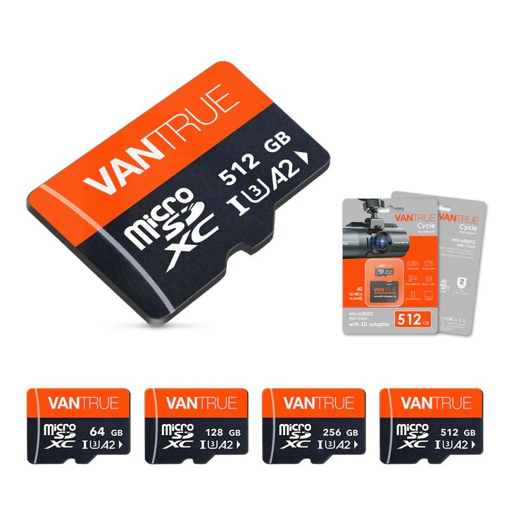 Vantrue microSD cards in 64GB, 128GB, 256GB and 512GB sizes