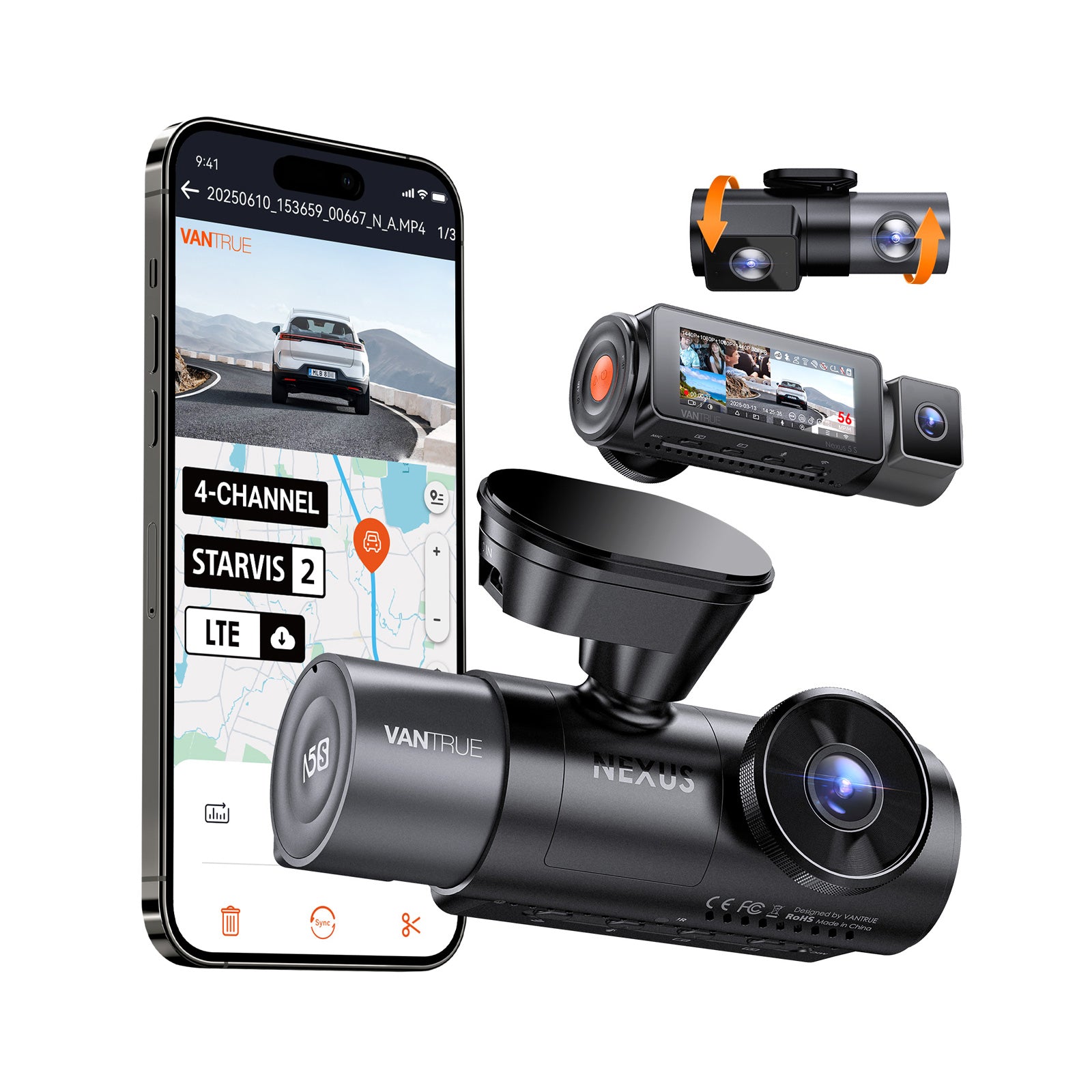 Vantrue N5S four-channel dash cam with its paired cabin cameras and phone app