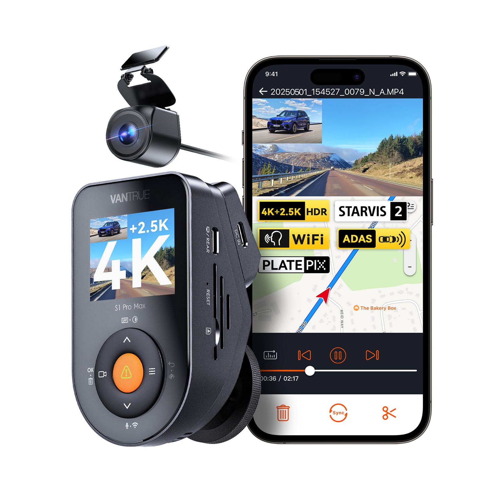 Vantrue S1 Pro Max 4K + 2.5K dash cam with its rear camera and the Vantrue phone app