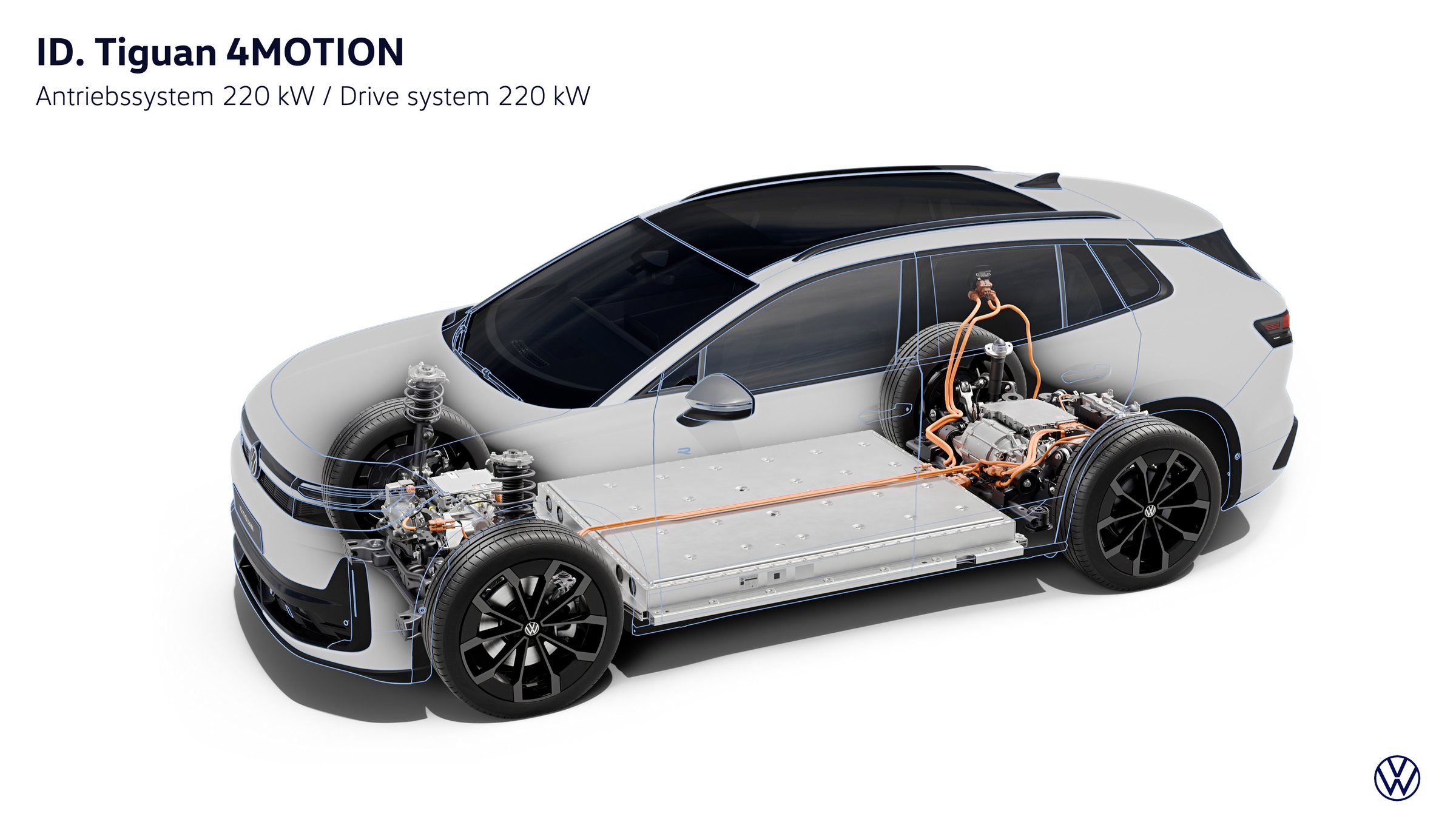 Phantom view of the Volkswagen ID. Tiguan 4MOTION showing the floor battery pack and front and rear electric drive units