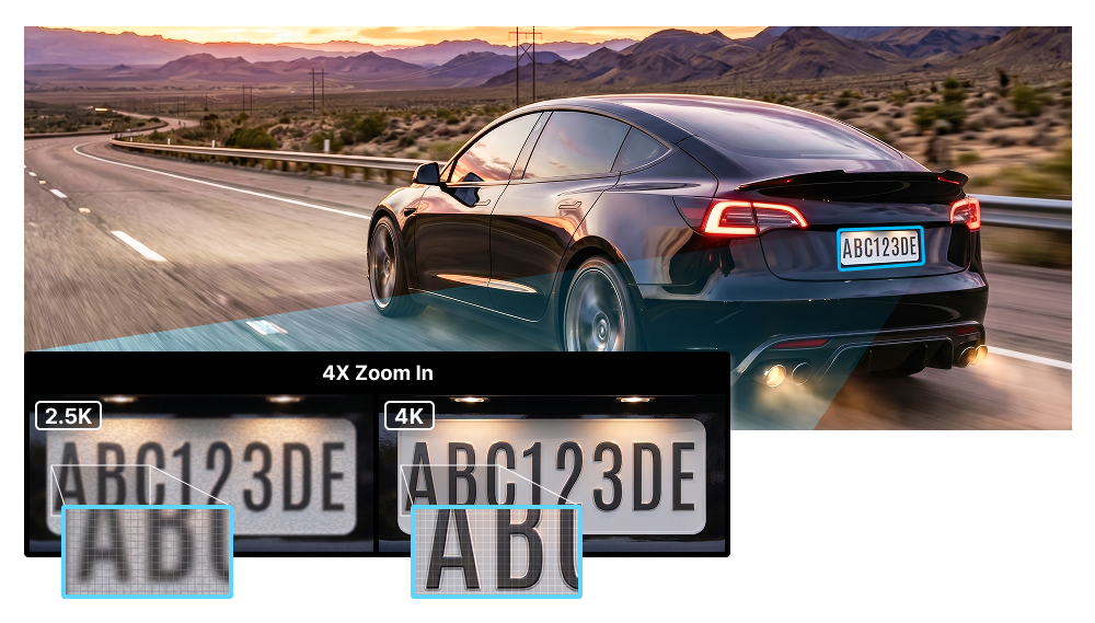 VUEROID S1 4K vs. S1 QHD Dash Cams Compared 3 VUEROID illustration comparing a license plate enlarged four times from a 2.5K frame and from a 4K frame
