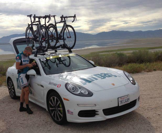 The Airgas-Safeway cycling team is using two 2015 Porsche Panamera S Hybrids during the Tour of Utah.